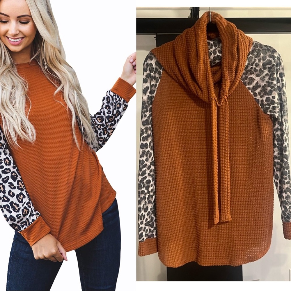 My Story Waffle Knit Top with Cheetah Sleeves Medium